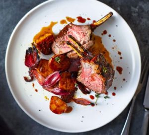 Rack of Lamb with spiced red onions and potatoes